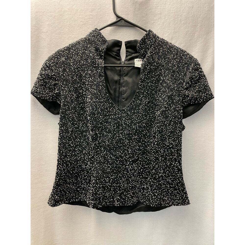 Zola Women's Evening luxury size 12 zip back beads‎ sequins black top
